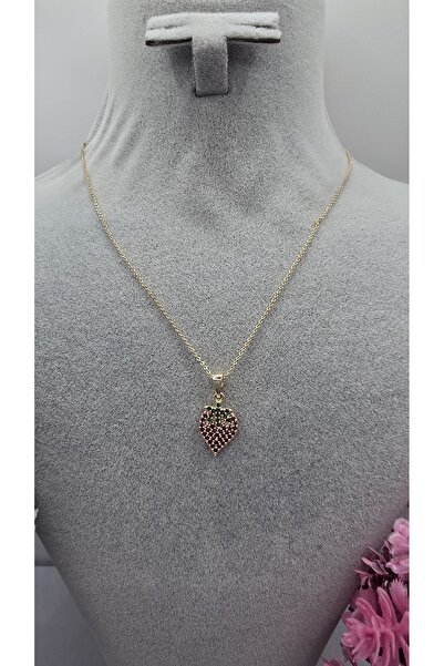 ahsenaksesuar2025 Gold Color Zircon Stone Strawberry Figured Steel Necklace N...