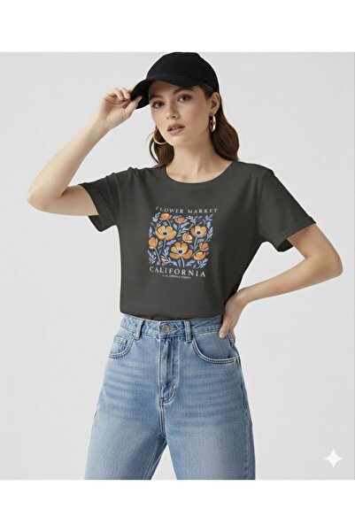 BW Bravely Wear Tricou cu gât rotund pentru femei, cu imprimeu Flower Market ...
