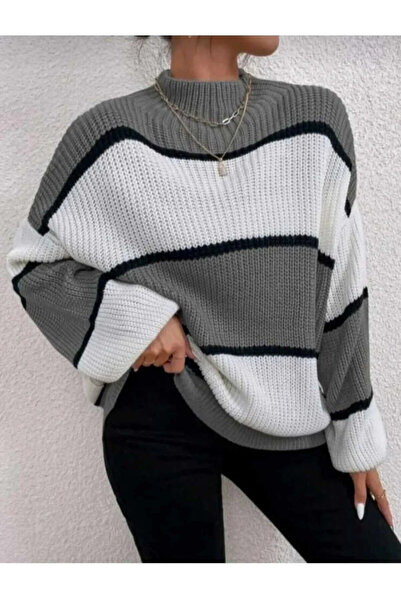 bysoca Women's Gray White Striped Half Turtleneck Oversize Soft Textured Knit...