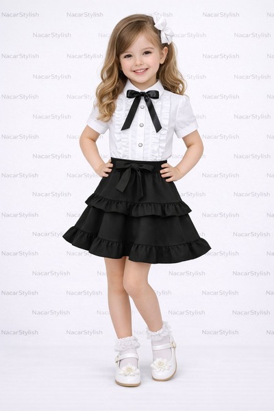 Nacar Kız Çocuk 23 Nisan 29 Ekim Fırfır Etek&Fiyonk Detaylı Gömlek - Kız Çocu...