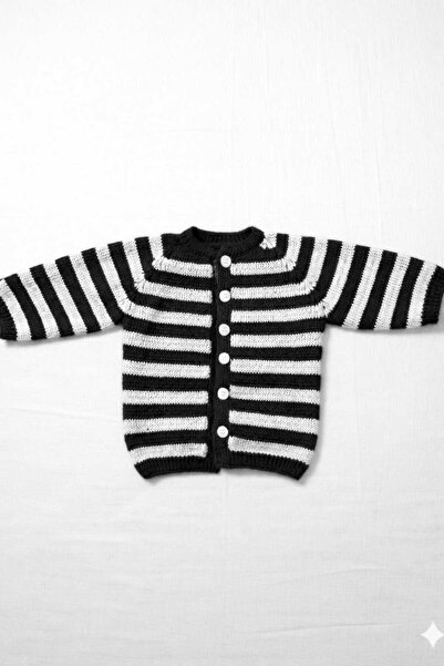Berliva Home Black-White Striped 0-6 Months Baby Wool Cardigan-Jacket Hand Kn...