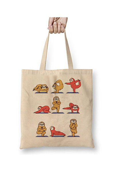 Toyaso Sloth Yoga Pilates Fitness White Tote Bag Long Handle Shopping Bag Bea...