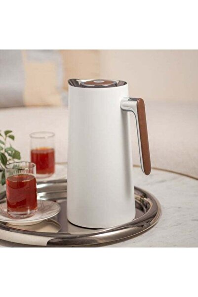 Generic ترمس دالاتي سعة 1 لتر مصنوع من الفولاذ الأبيض مع مقبض خشبي