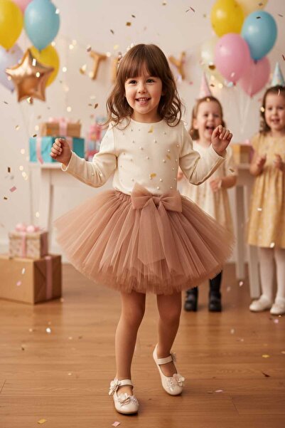 punicha تنورة توتو منفوشة مزينة بفيونكة للفتيات (لون جملي)