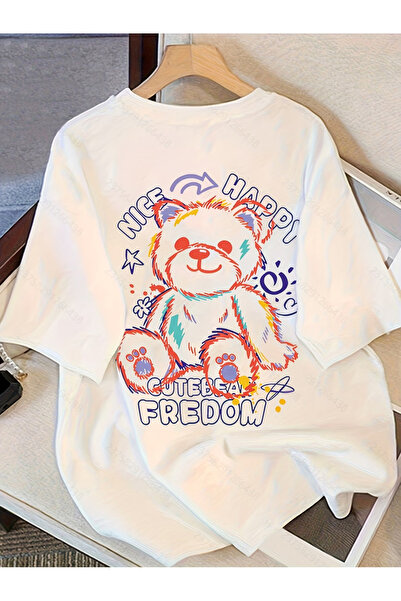 ELAN WEAR Teddy printed oversize women's/men's unisex white t-shirt