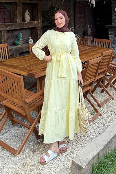 lamelif Half Button Detailed Terikoton Dress Yellow