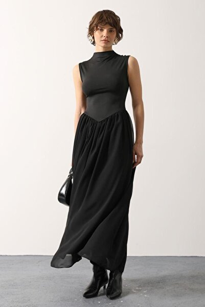 SEVENLINE Women's Stand Collar Sleeveless Tulle Skirt Maxi Length Dress