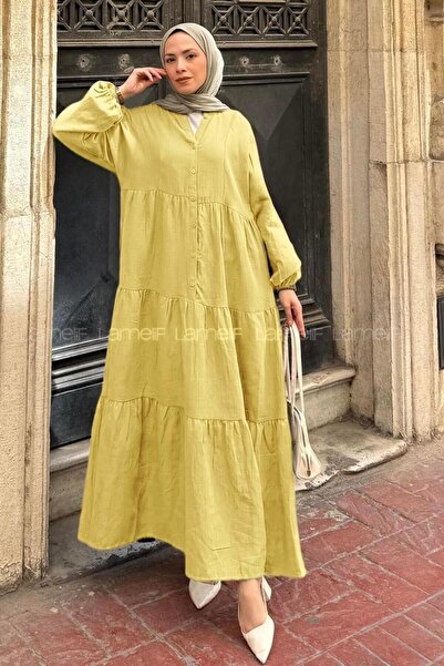 lamelif Front Half Button Detailed Muslin Fabric Hijab Dress Yellow