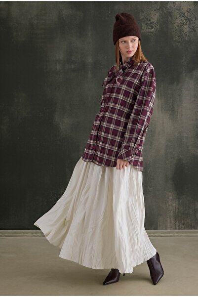 HEQA Cămașă în carouri cu guler tip eșarfă, roșu claret