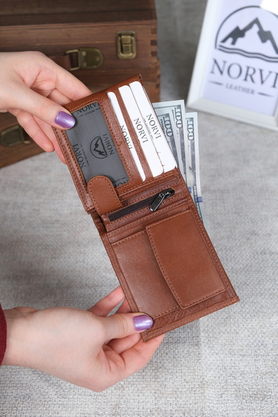 Norvi Leather Horizontal Genuine Leather Wallet with Snap Fasteners and Zippe...