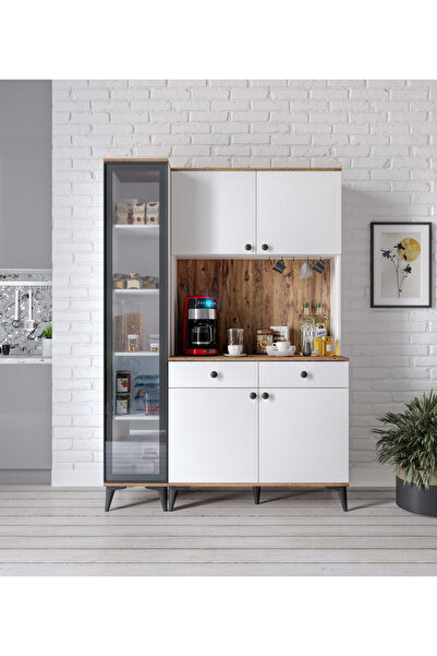 Afilli Demre Camlı 5 Kapaklı 2 Çekmeceli Kahve Köşeşi Beyaz Tamamı MDF 140 cm