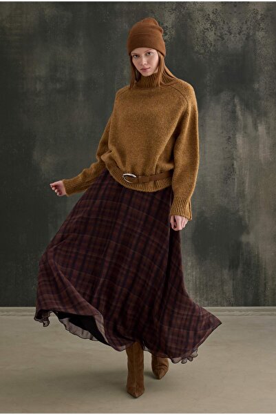 HEQA Chiffon Plaid Skirt Camel