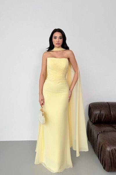 Serica Moda Yellow Strapless Shawl Detailed Draped Evening Dress