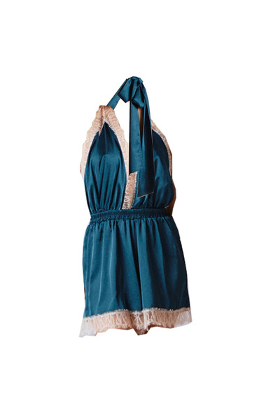 Noblesse Oblige Petrol blue Luna silk short jumpsuit,