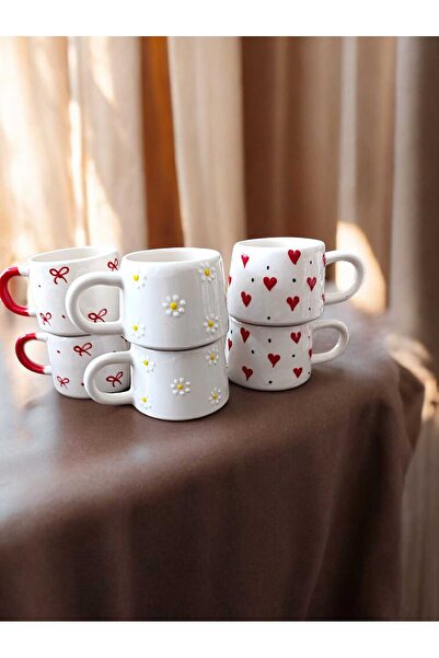 aktas seramik Daisy Bow Heart Set of 6 Ceramic Mug Cups