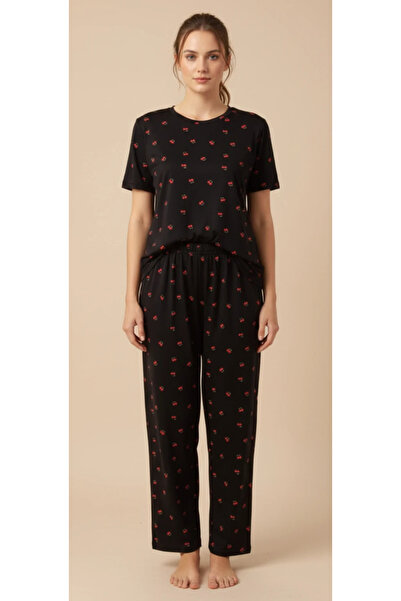 cemo Kiraz Baskılı Çizgili Kısa Kollu Pijama Takımı