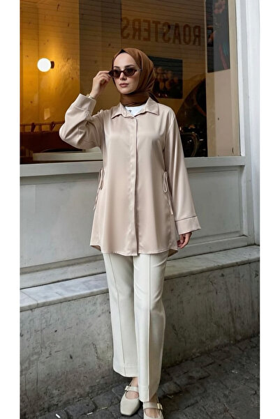 Foremia Side Tie Satin Tunic-Stone