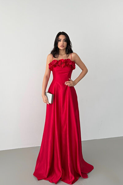 Serica Moda Red Floral Embroidered Thin Strap Evening Dress