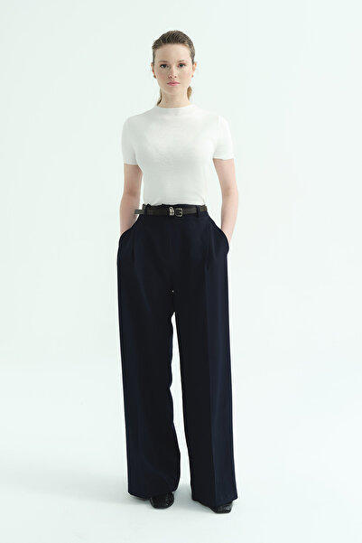 Hooopstore Single Pleated Palazzo Navy Blue Trousers