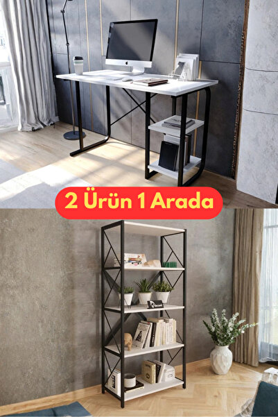 Morpanya Sera Sindys Metal Çalışma Masası 2 Raflı Metal Kitaplık 5 Raflı Çok ...