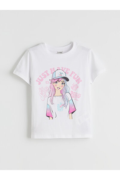 LC Waikiki تيشيرت بناتي مطبوع برقبة دائرية