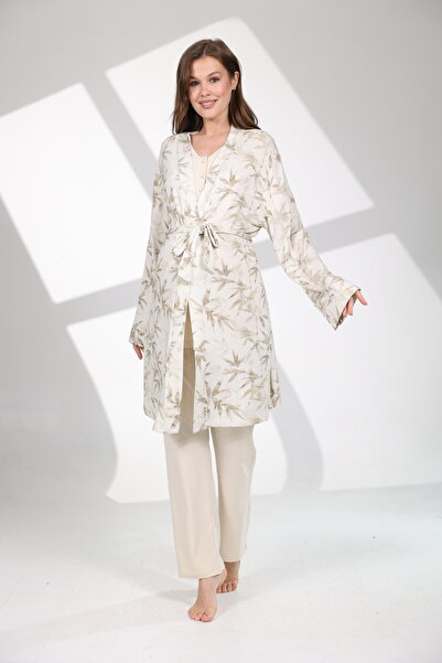 Rimel Homewear Leaf Patterned Maternity Pajama Set with Robe - Maternity Supp...