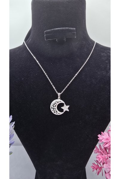 ahsenaksesuar2025 Moon Star Necklace with Zircon Stone, Silver Color, Sparkli...
