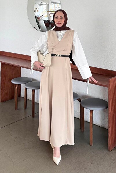 lamelif Button Detailed Sleeveless Hijab Dress Beige