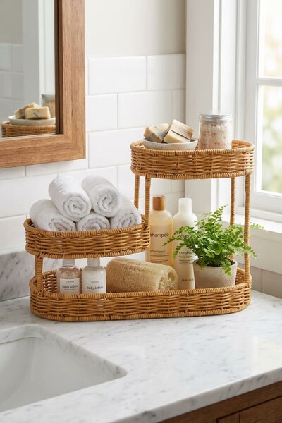 Buffer ®   3-Tier Oval Rattan Organizer Basket – Plastic Wicker Look Multi-Pu...