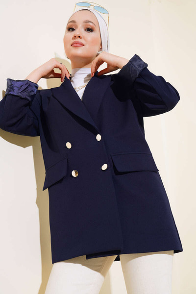 Tesettür Diyarı Double-Breasted Collared Buttoned Blazer Hijab Jacket - Navy ...