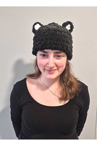 Dodemert Home Puffy Black Eared Hand Knitted Beanie Balaclava