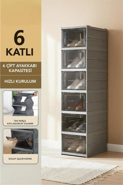 Bayev Antrasit 3009 Çok Amaçlı 6 Katlı Organizer Ayakkabılık Katlanabilir Taş...