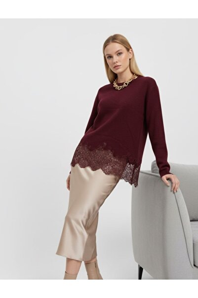 Noi Belis Lace Detailed Soft Textured Crew Neck Knitwear Sweater Aw25Kz0135