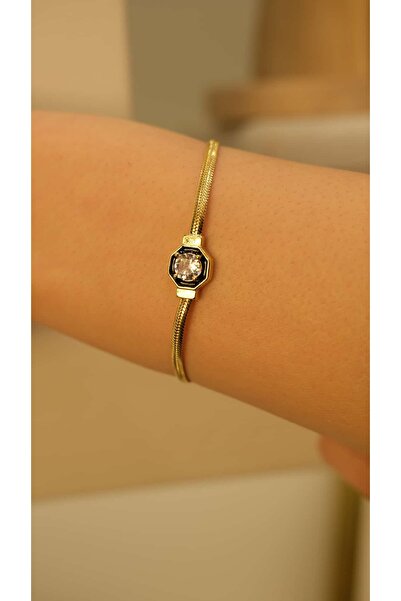 Jerie Gold Italian Chain Black Enamel Design Bracelet