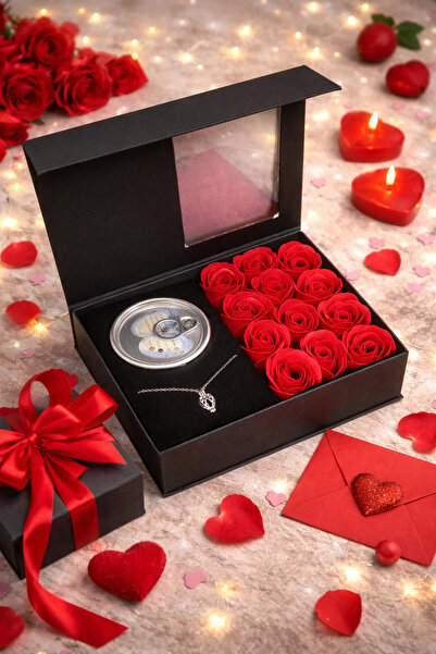 Hediye Paketim İstiridye İçinde İnci Kolyeli Kırmızı Gül Kutusu Sevgililer Gü...