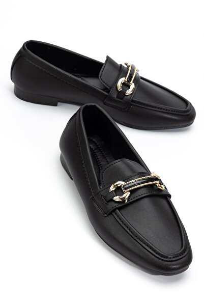 Hayalimdeki Ayakkabı Γυναικείες Μαύρες Δερμάτινες Παντόφλες με Λεπτομέρεια Πό...