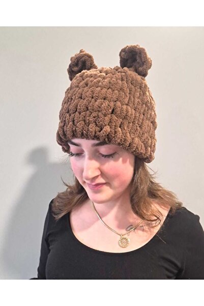 Dodemert Home Puffy Brown Hand Knitted Beanie Balaclava with Headphones