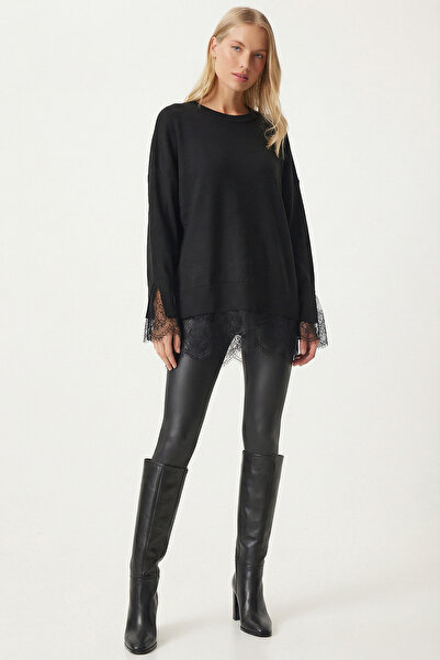 Lovelyİstanbul Pulover lung din tricotaj cu dantelă contrastantă LYY0135 NEGRU