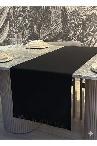 Skhome Saçaklı Siyah Dekoratif Baskılı Runner 1 Adet 40x140cm (Saçaklı-Siyah)