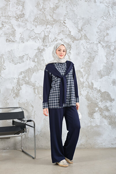 LOCCO Women's Plaid Pattern Two-Piece Suit Navy Blue