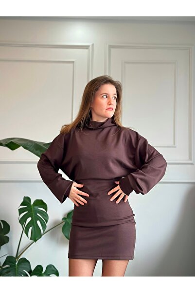 Kahverengi Modal Kumaş Mini Elbise