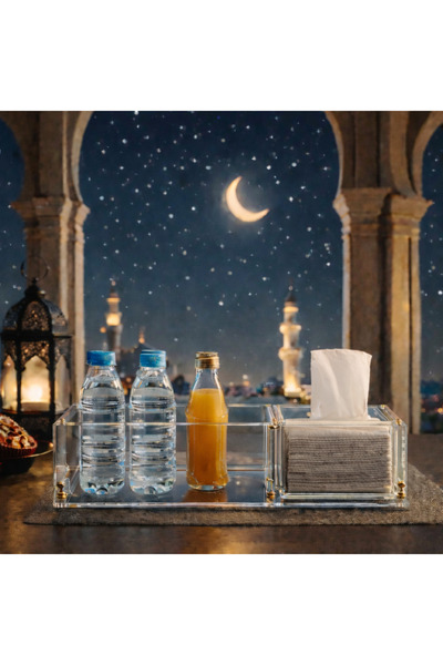 SQF Serving tray for juices and water, acrylic tissue box with 9 slots