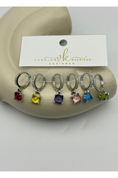 BİJU YILMAZ Vip silver color square stone dangle earrings - set of 6 - 26vipkp63
