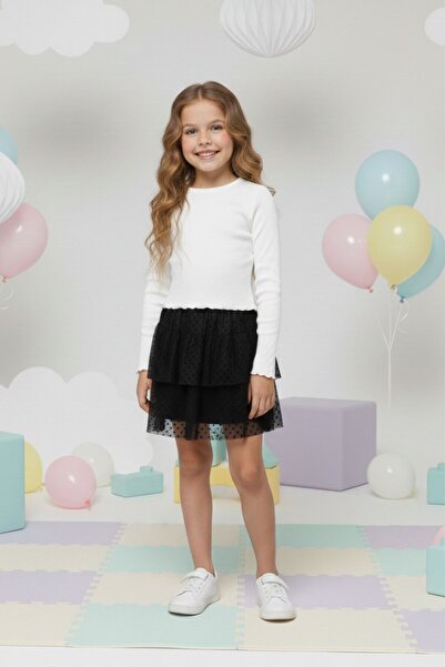 Kübra Tekstil Set fustă neagră cu buline și tricou alb pentru fete, cu textur...