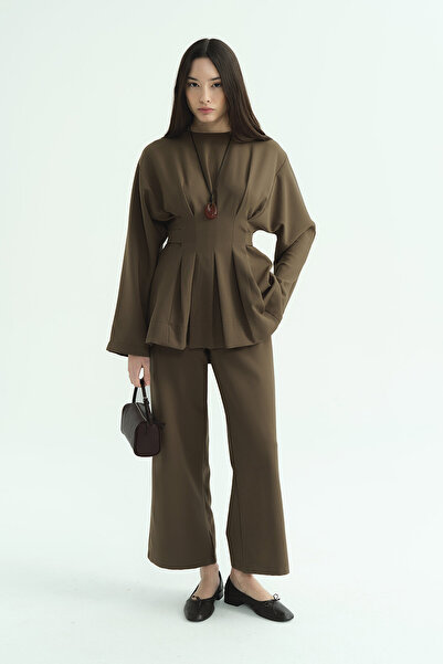 Hooopstore Pile Detailed Blouse Khaki Pants Set