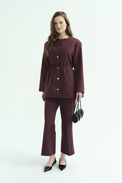 Hooopstore Gold Button Detailed Chocolate Pants Suit
