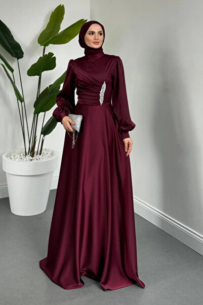 Tesettür Diyarı Lusia Taşlı Drapeli Saten Tesettür Abiye- Bordo