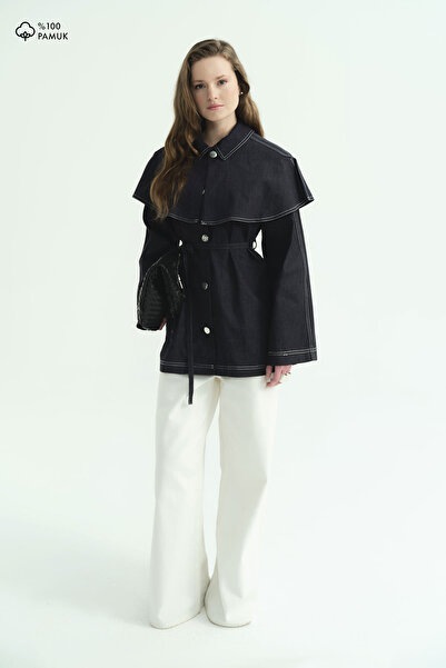 Hooopstore Removable Cape Collar Navy Blue Shirt