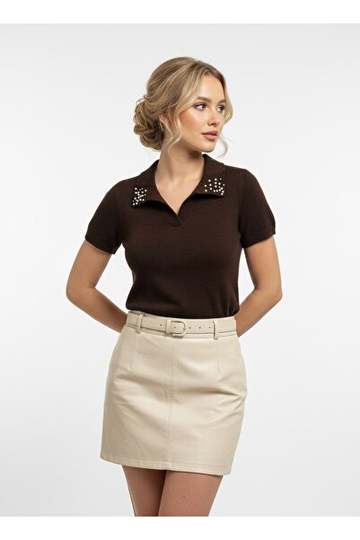 Noi Belis Pearl Detailed Polo Collar Soft Textured Short Sleeve Knitwear Blou...