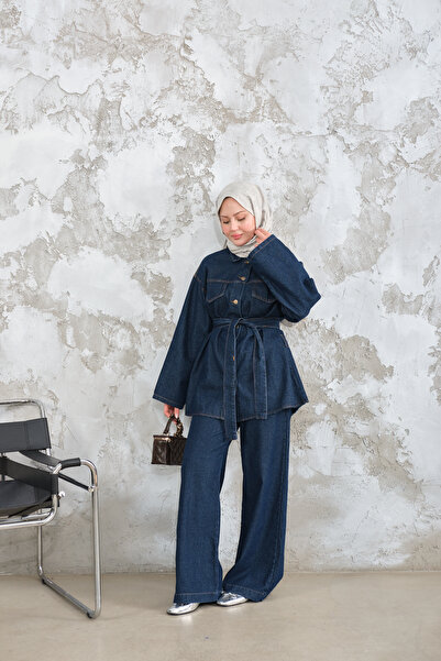 LOCCO Women's Pocket Detail Waist Tied Jeans Set Navy Blue